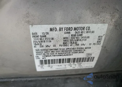 2021 Ford Explorer из США, поврежденный, VIN 1FMSK7BHXMGA68541